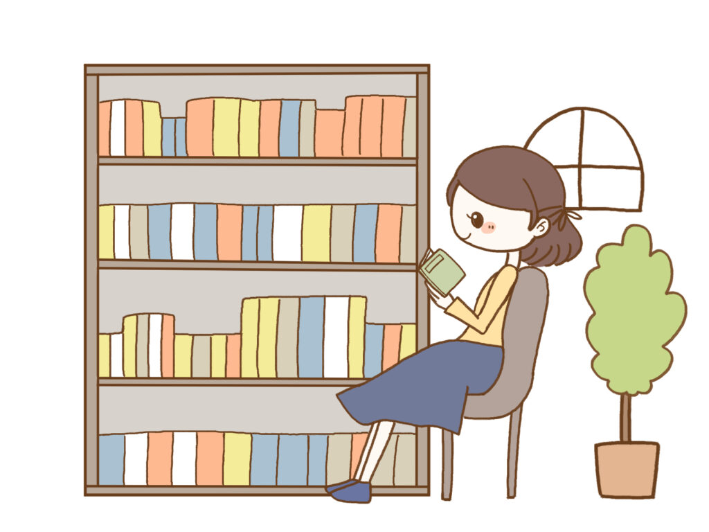 本棚と本を読んでいる女性のイラスト